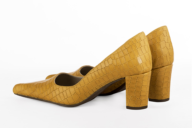Mustard yellow women's dress pumps,with a square neckline. Pointed toe. Medium block heels. Rear view - Florence KOOIJMAN